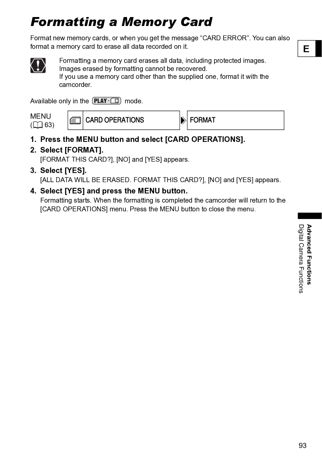 Canon S1 instruction manual Formatting a Memory Card, Menu Card Operations 