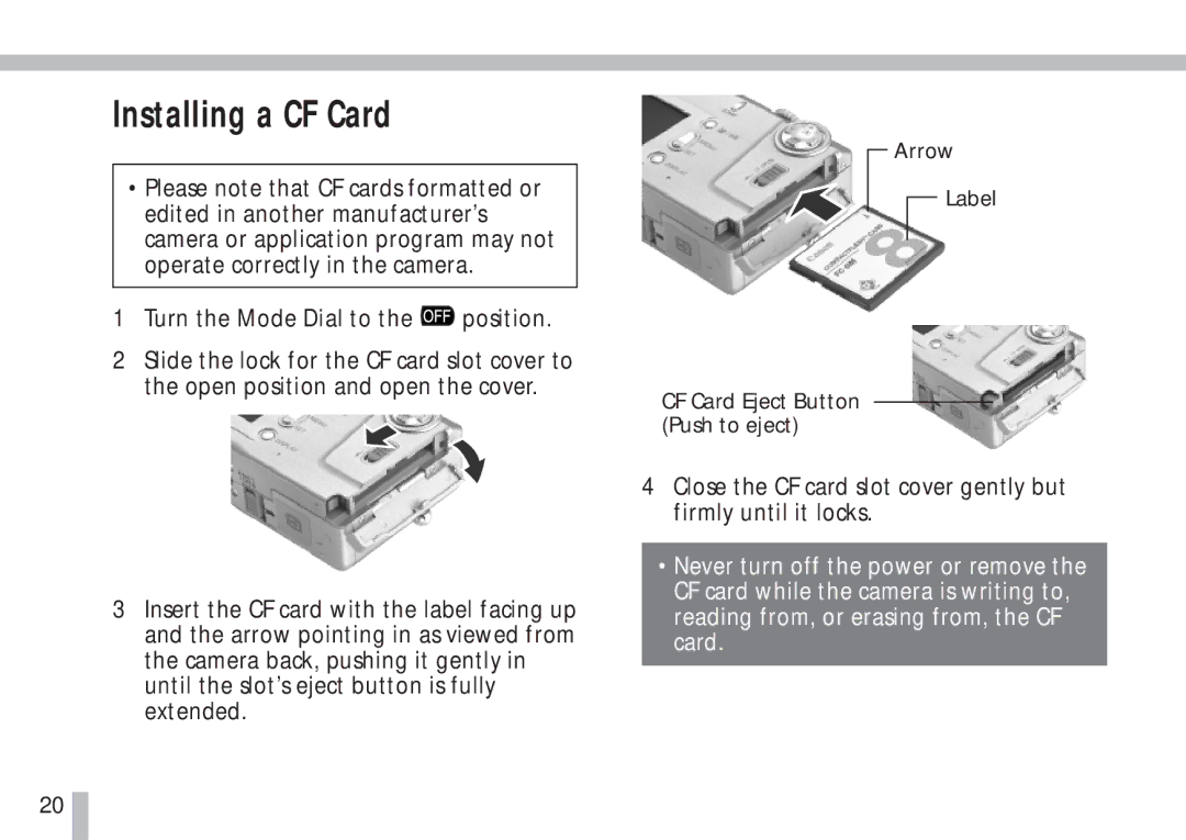 Canon S10 manual Installing a CF Card 