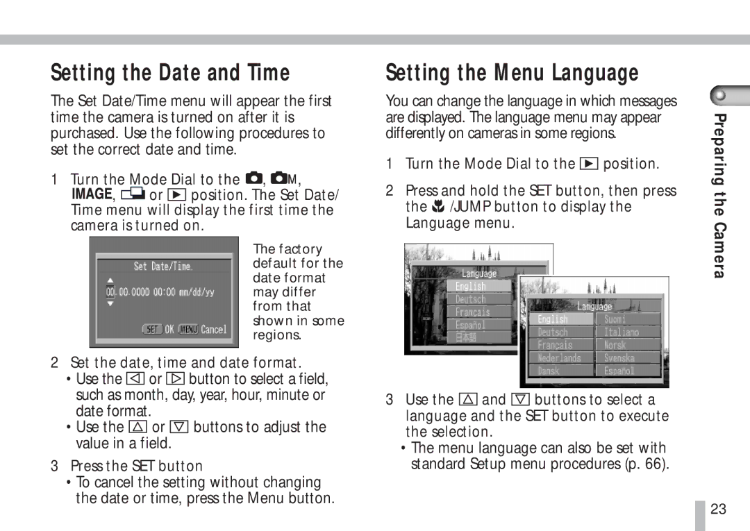 Canon S10 Setting the Date and Time, Setting the Menu Language, Set the date, time and date format, Press the SET button 