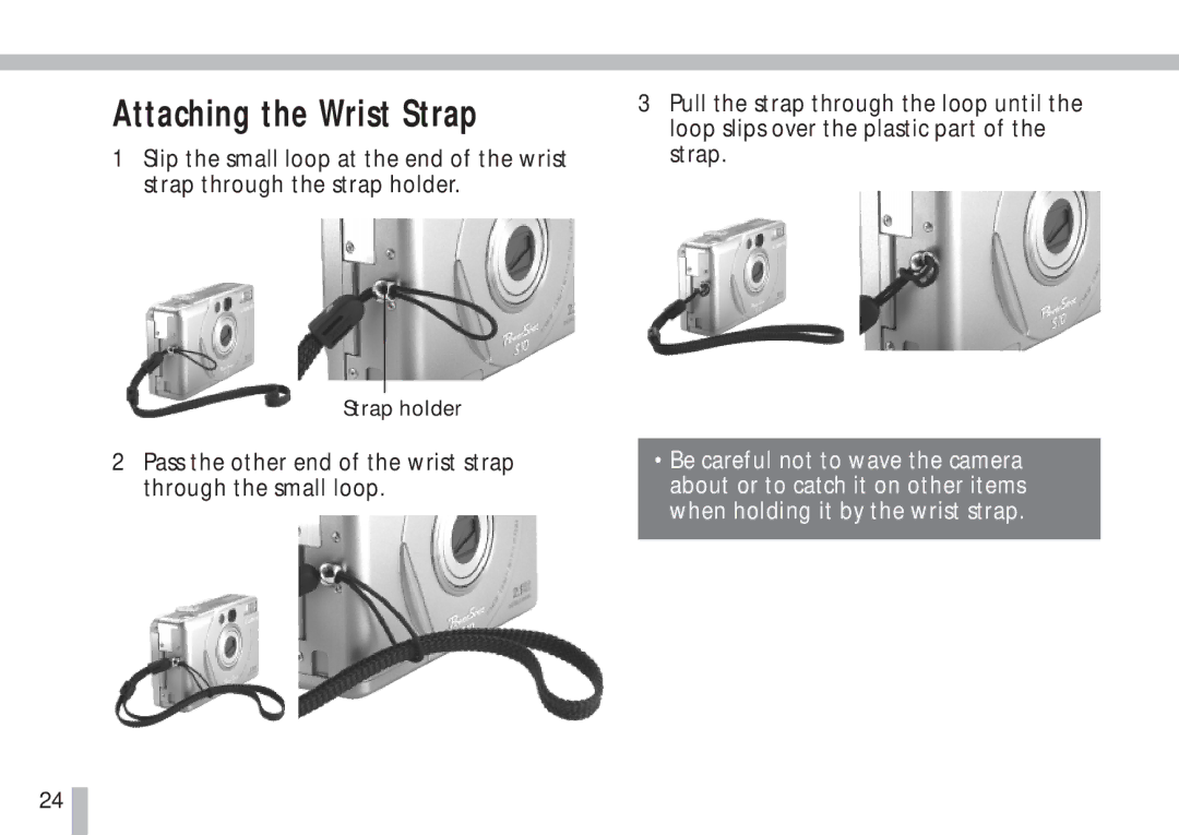 Canon S10 manual Attaching the Wrist Strap, Pass the other end of the wrist strap through the small loop 