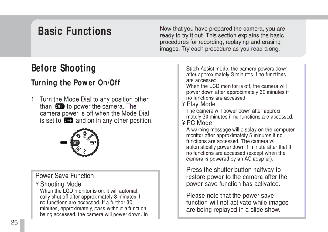 Canon S10 manual Before Shooting, Turning the Power On/Off, Power Save Function, Shooting Mode, Play Mode 