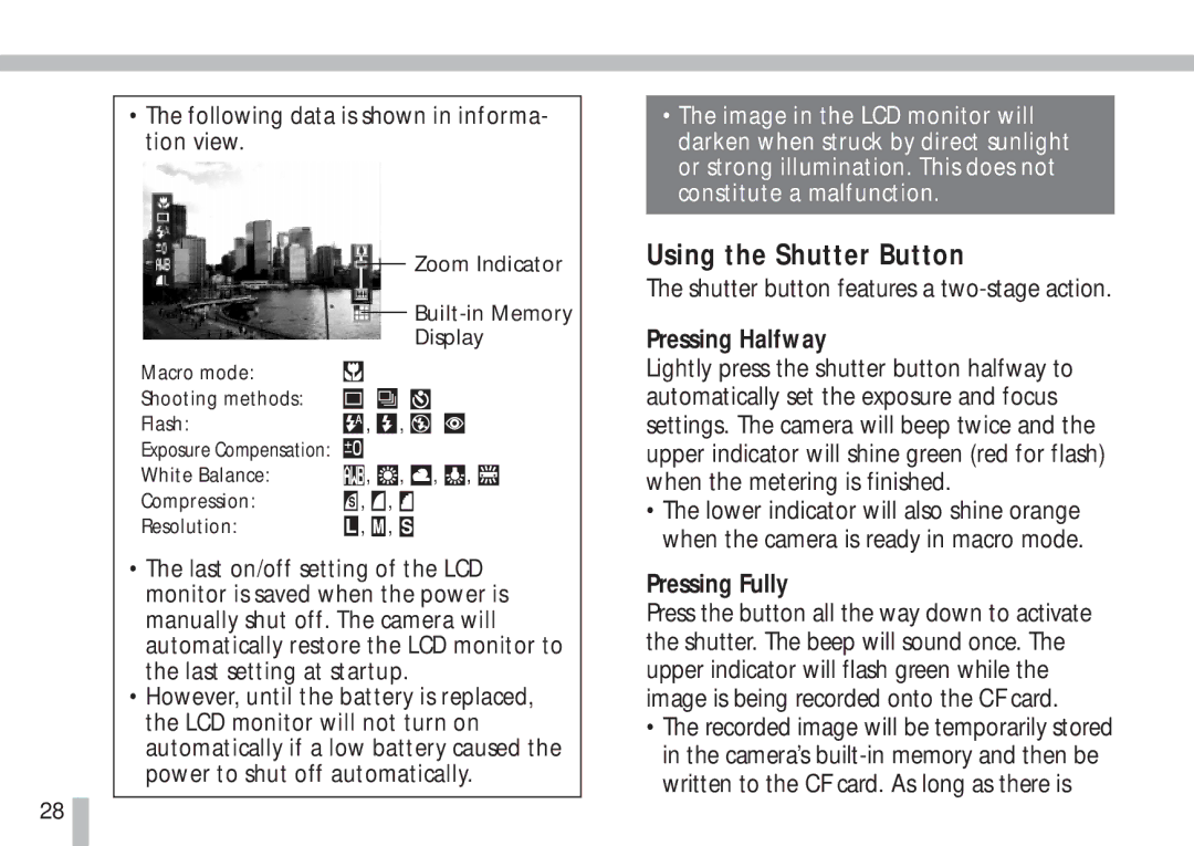 Canon S10 manual Using the Shutter Button, Pressing Halfway, Pressing Fully, Following data is shown in informa- tion view 