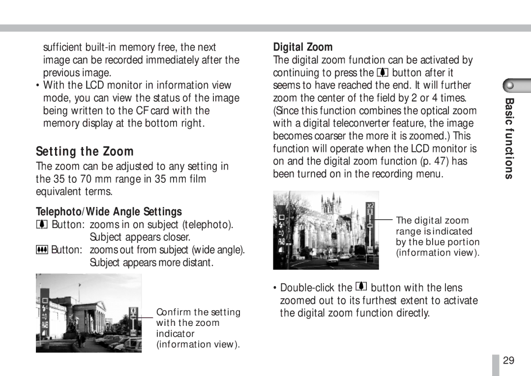 Canon S10 manual Setting the Zoom, Telephoto/Wide Angle Settings, Digital Zoom 