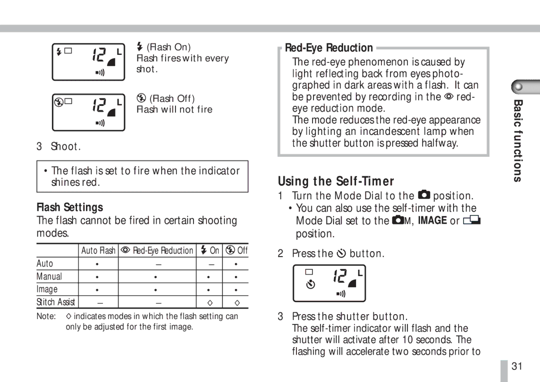 Canon S10 manual Using the Self-Timer, Flash Settings, Red-Eye Reduction, Press the button Press the shutter button 