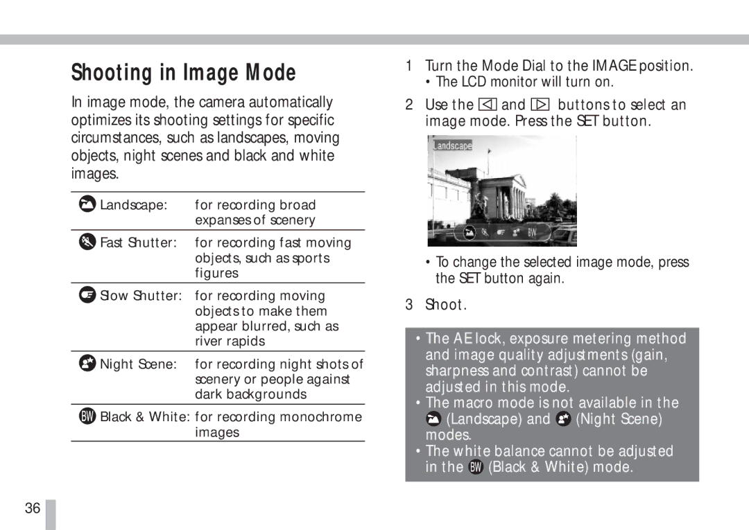 Canon S10 manual Shooting in Image Mode 