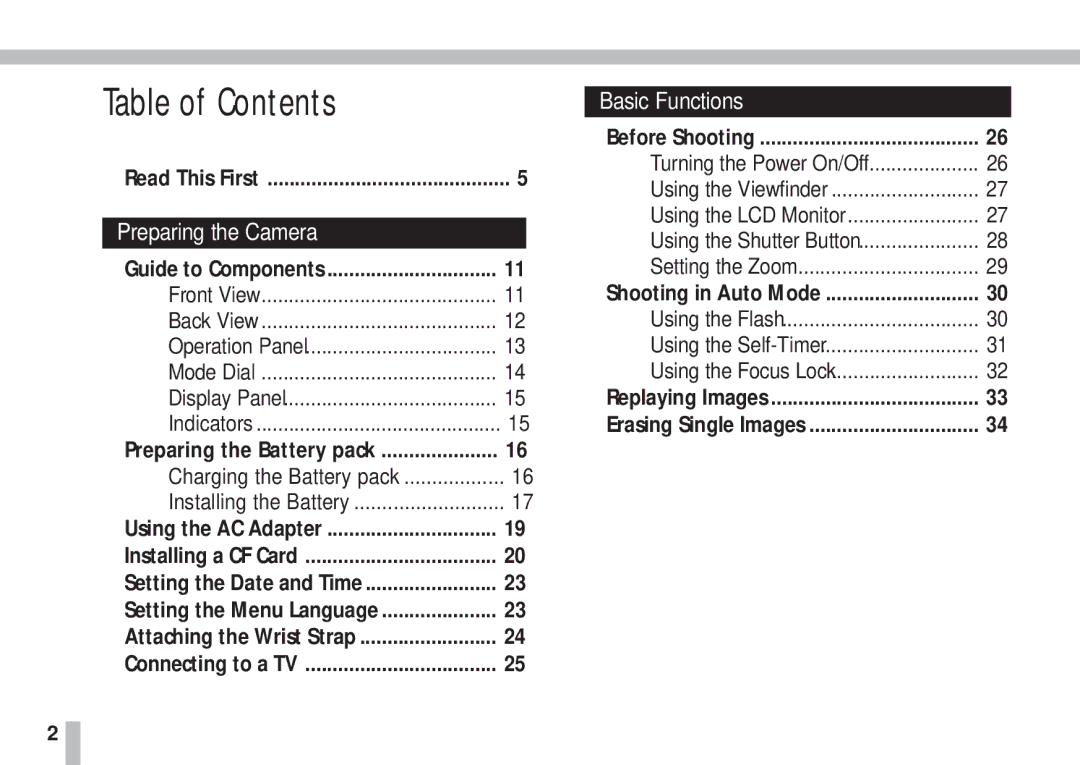 Canon S10 manual Table of Contents 