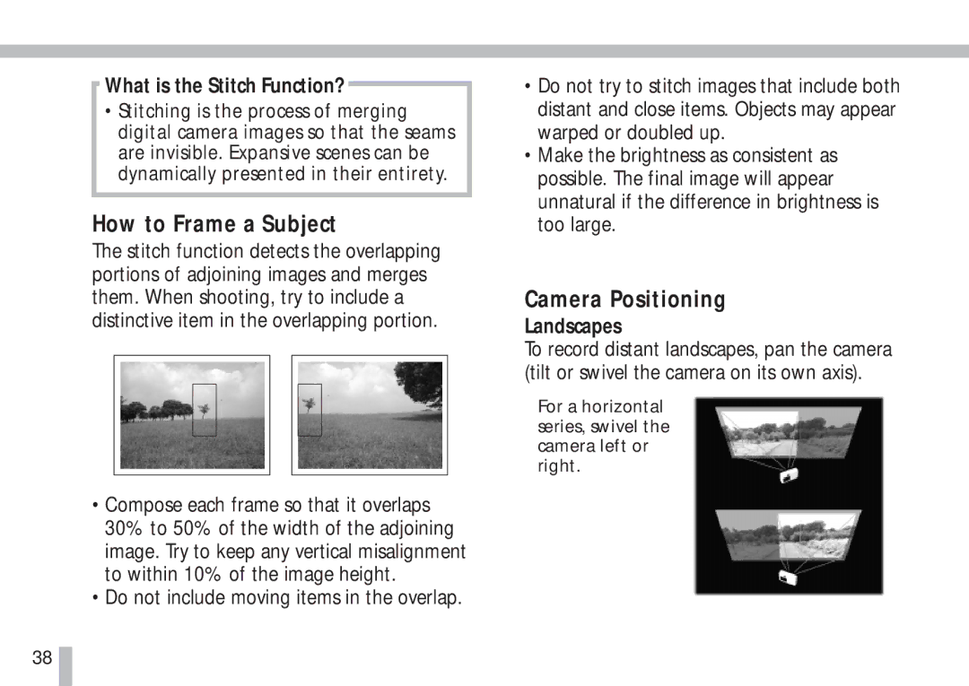 Canon S10 manual How to Frame a Subject, Camera Positioning, What is the Stitch Function?, Landscapes 