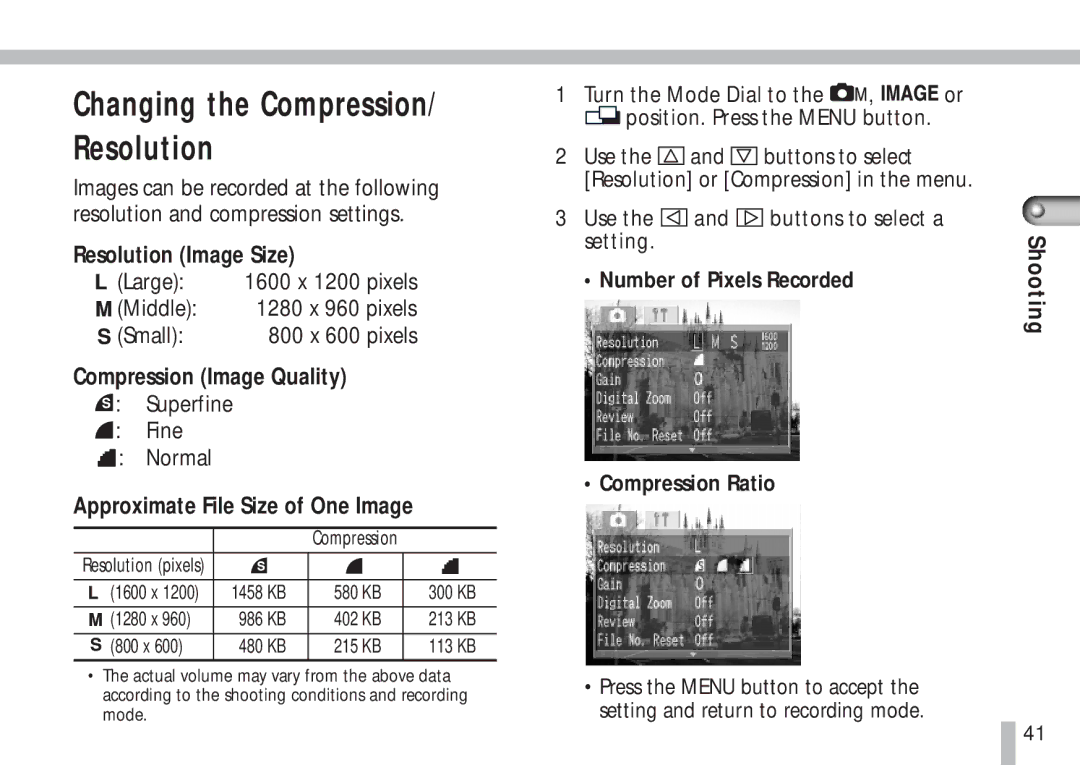 Canon S10 manual Resolution Image Size, Compression Image Quality, Approximate File Size of One Image, 1280 x 960 pixels 