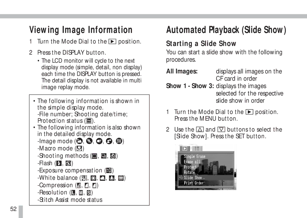 Canon S10 manual Viewing Image Information, Starting a Slide Show 