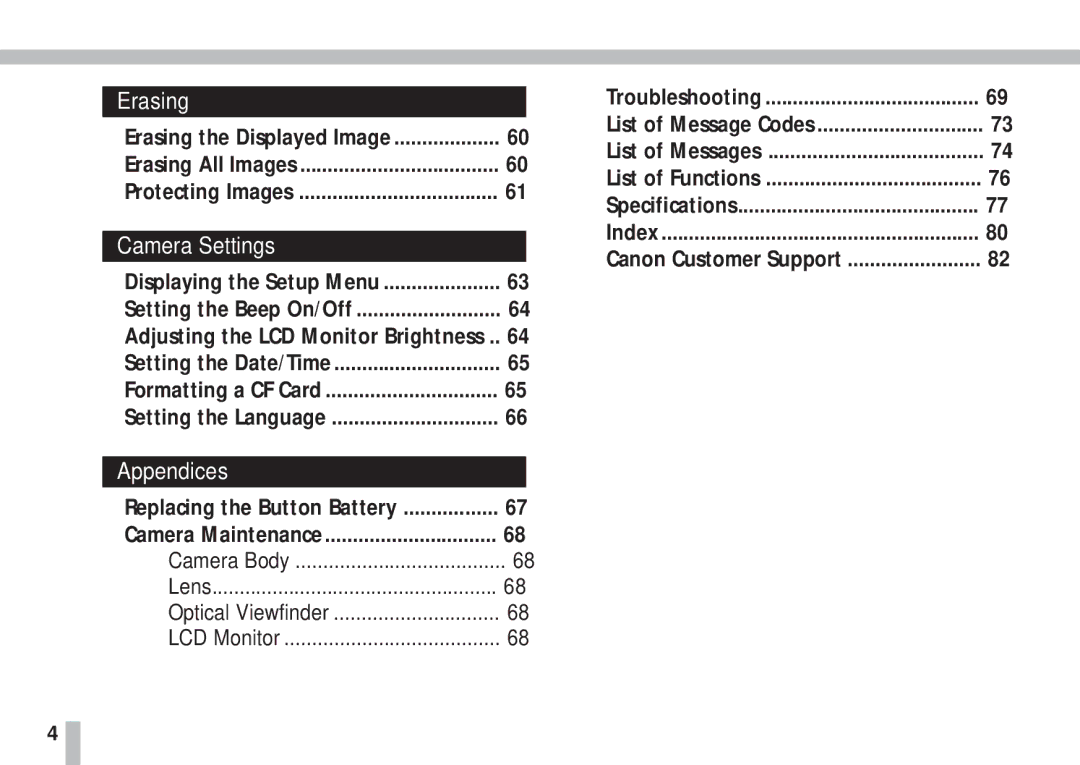 Canon S10 manual Erasing the Displayed Image, Protecting Images, Setting the Language, Replacing the Button Battery 