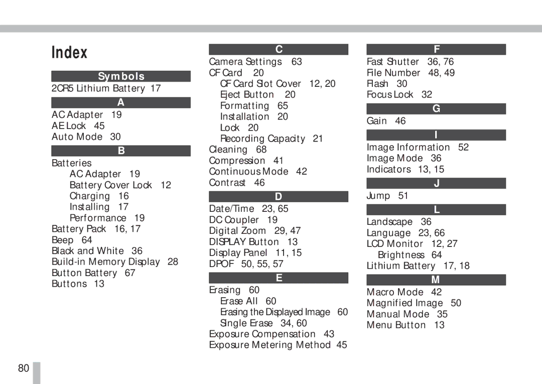 Canon S10 manual Index, Symbols 