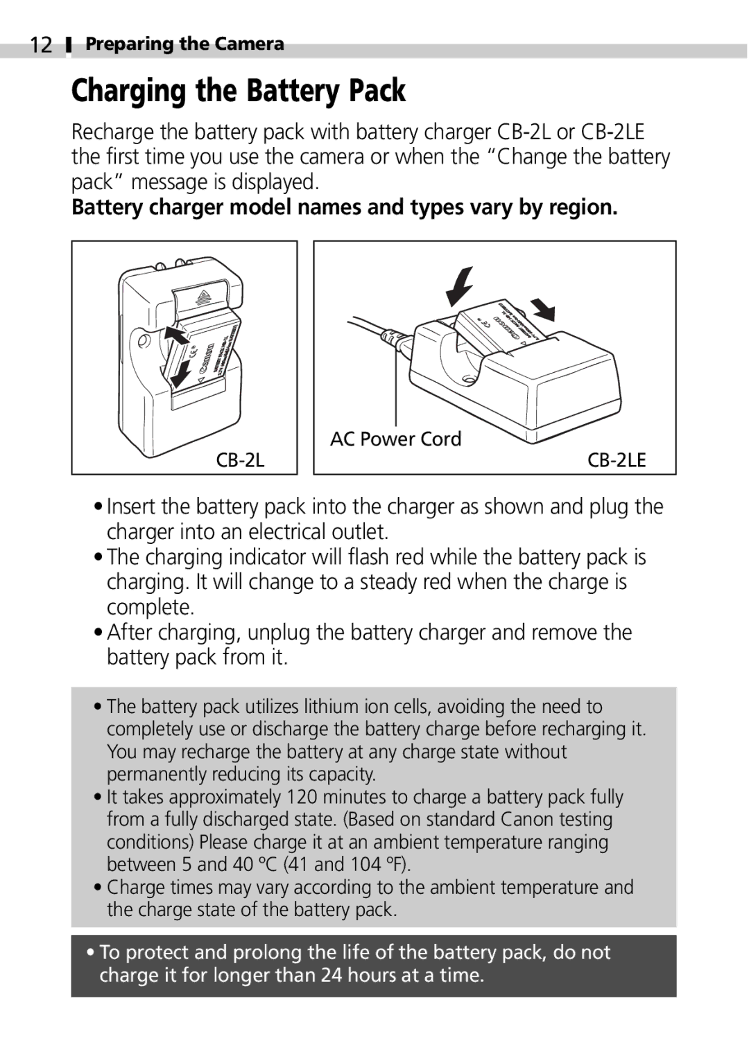 Canon S100 manual Charging the Battery Pack, Battery charger model names and types vary by region 