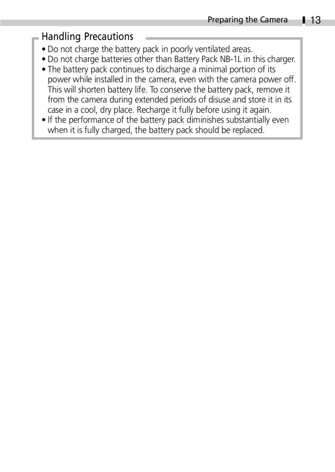 Canon S100 manual Handling Precautions, Do not charge the battery pack in poorly ventilated areas 