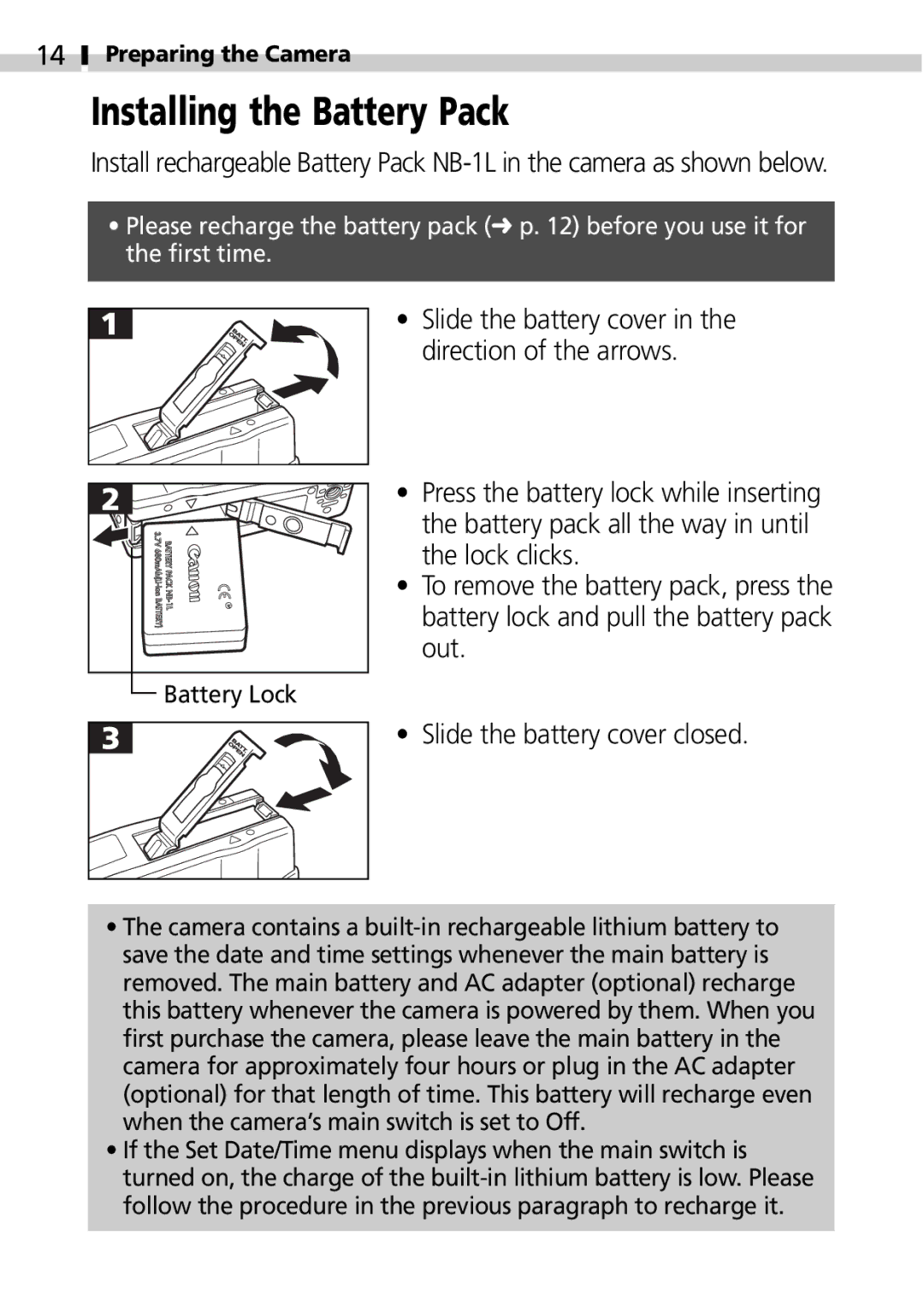 Canon S100 manual Installing the Battery Pack 