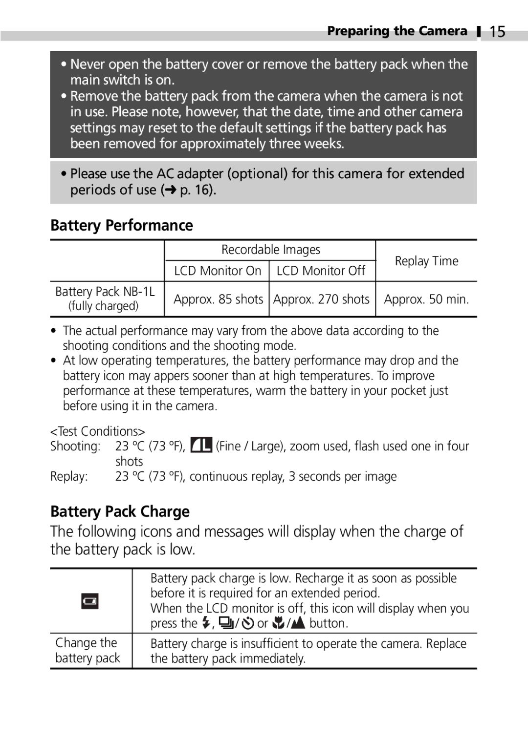 Canon S100 manual Battery Performance, Battery Pack Charge 