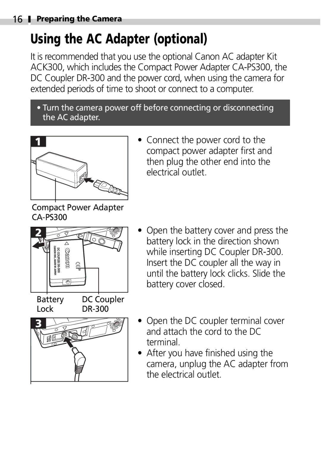 Canon S100 manual Using the AC Adapter optional 