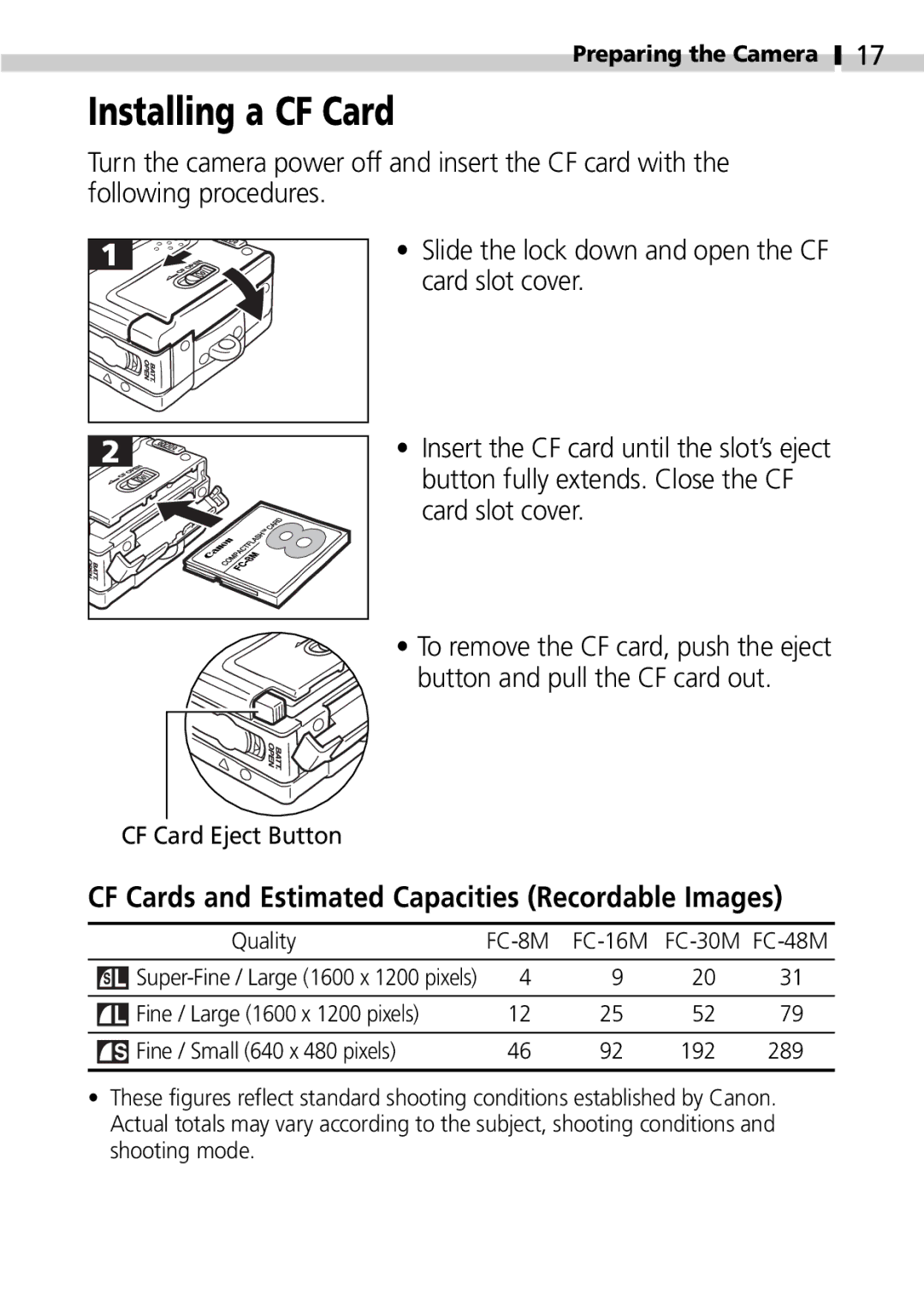 Canon S100 manual Installing a CF Card, CF Cards and Estimated Capacities Recordable Images 