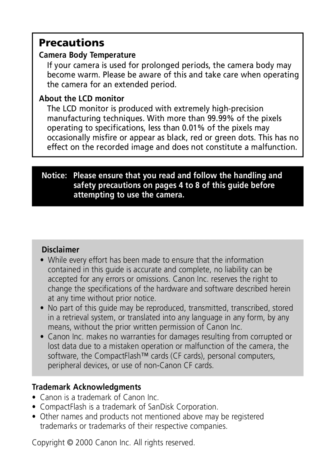 Canon S100 manual Precautions, Camera Body Temperature 