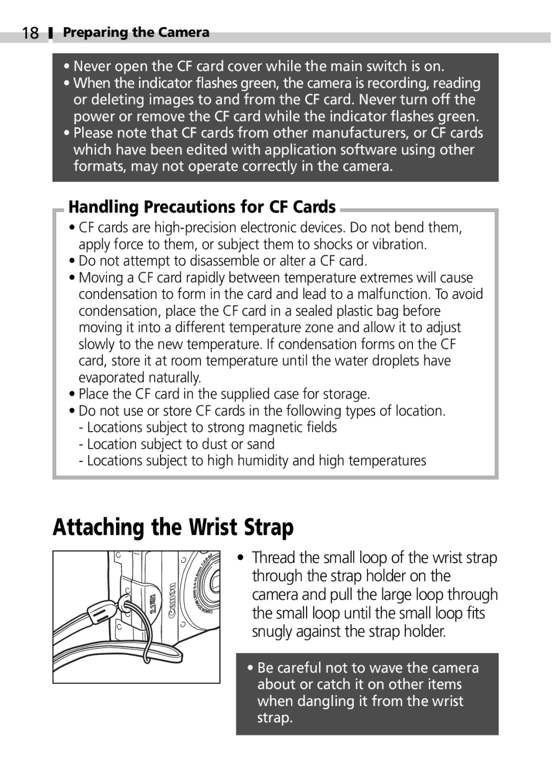 Canon S100 manual Attaching the Wrist Strap, Handling Precautions for CF Cards 