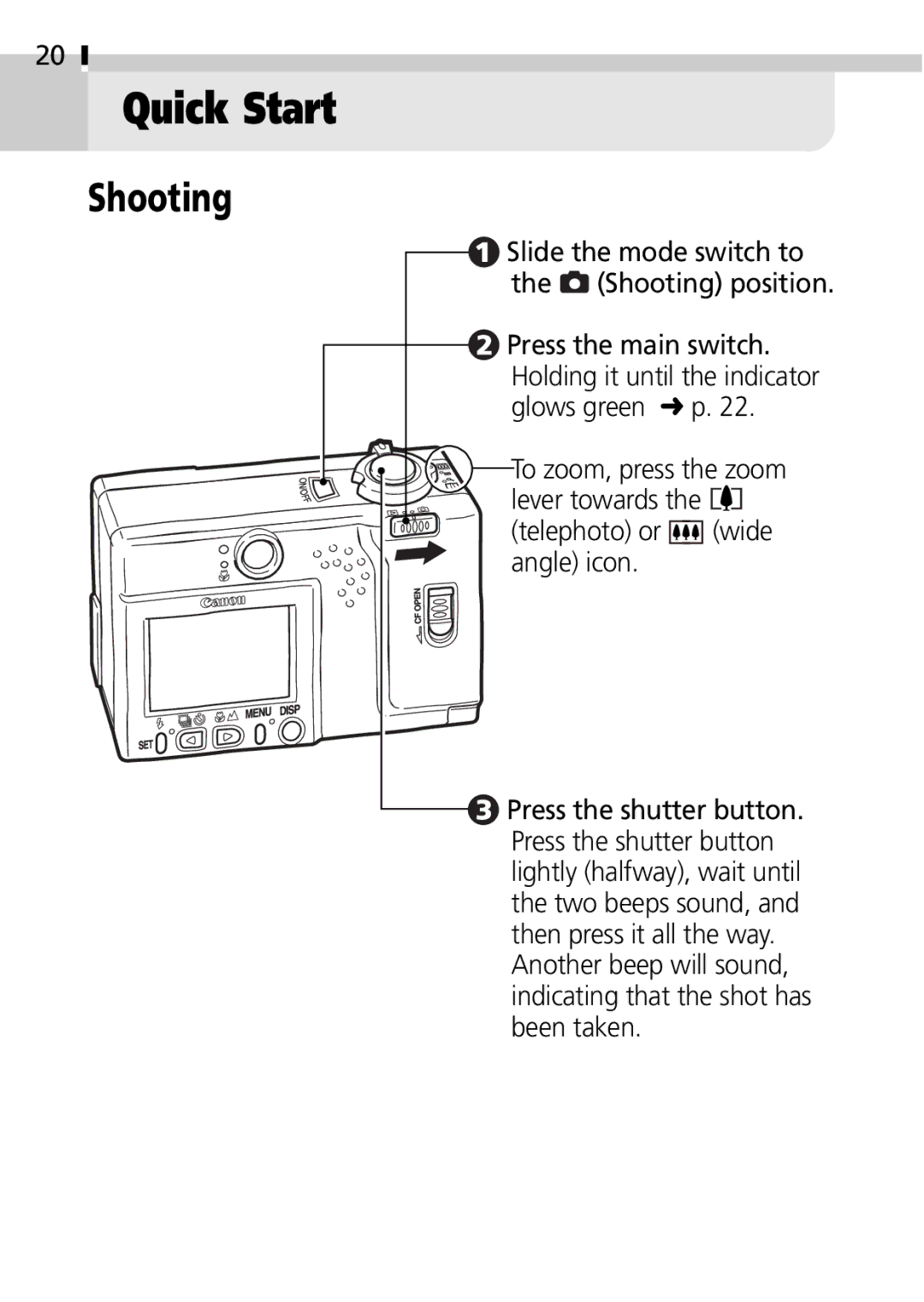 Canon S100 manual Quick Start, Shooting, Angle icon 