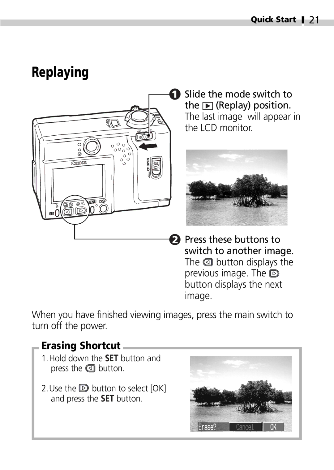 Canon S100 manual Replaying, Erasing Shortcut, Slide the mode switch to 