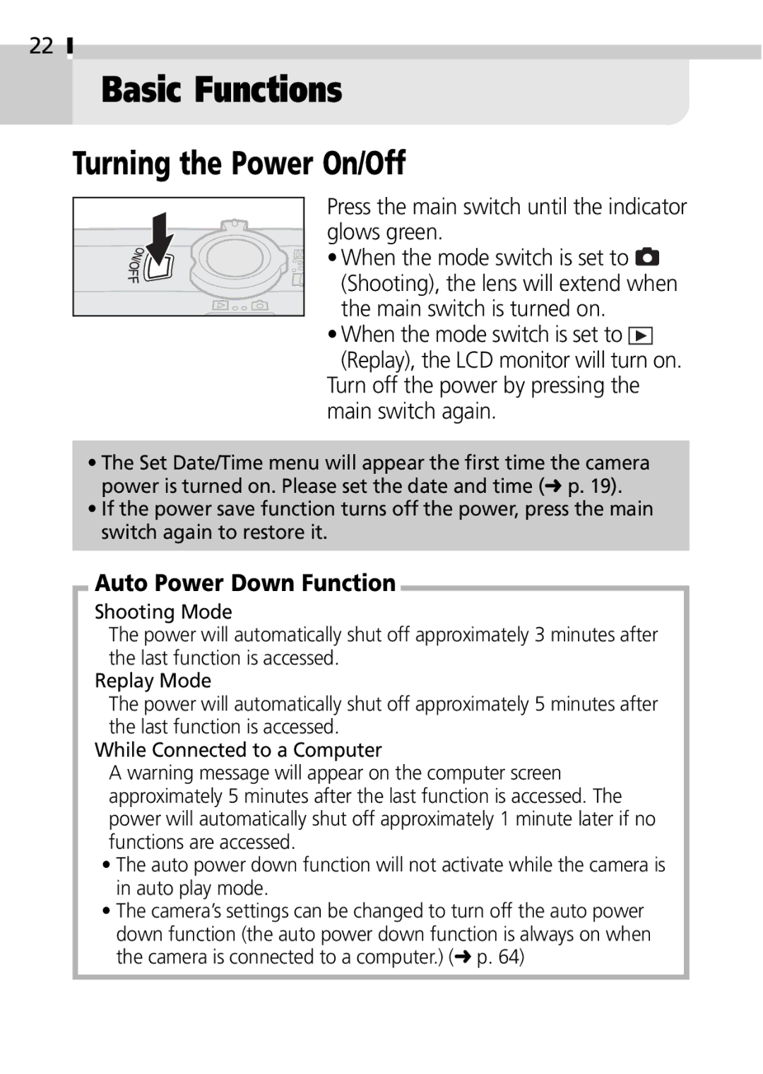 Canon S100 manual Basic Functions, Turning the Power On/Off, Auto Power Down Function 