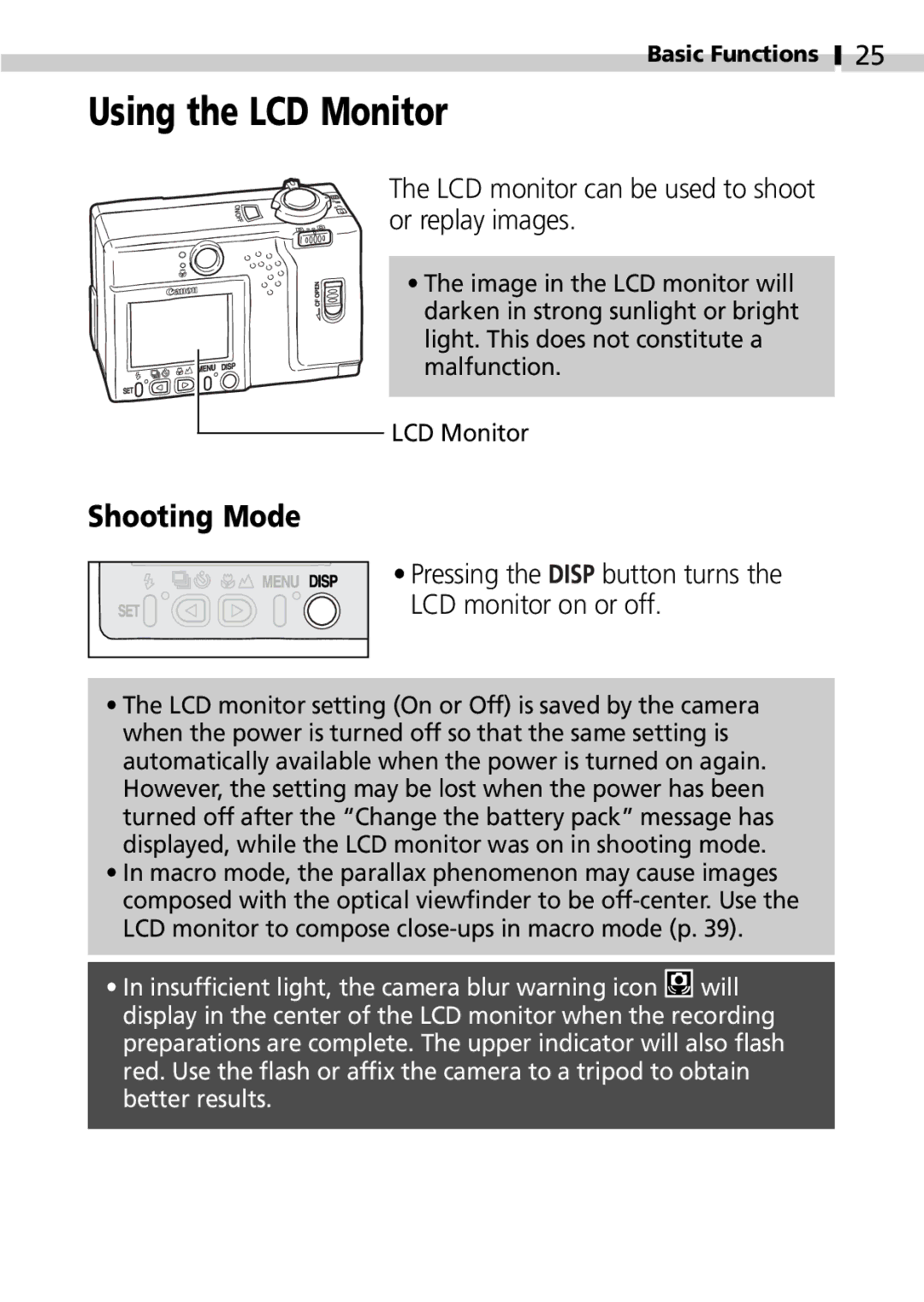 Canon S100 manual Using the LCD Monitor, Shooting Mode, LCD monitor can be used to shoot or replay images 