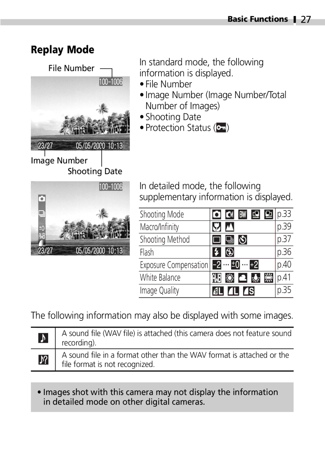 Canon S100 manual File Number, Shooting Date Protection Status, Shooting Mode Macro/Infinity, White Balance Image Quality 