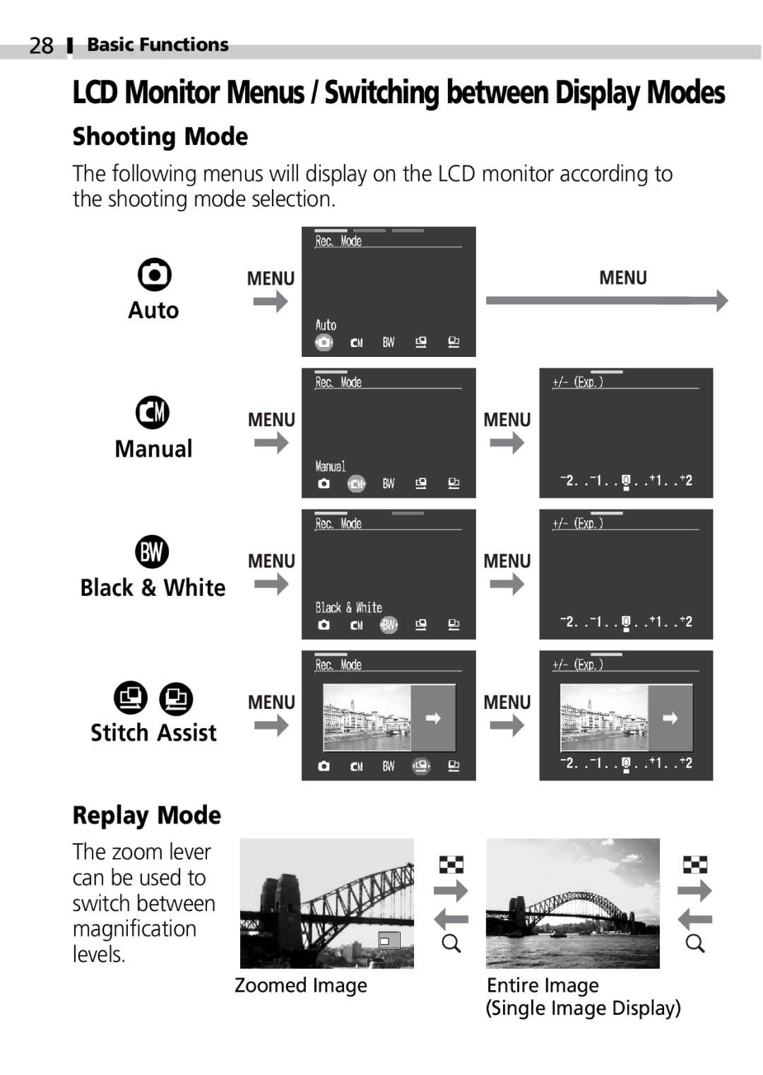 Canon S100 manual Auto Manual Black & White Stitch Assist Replay Mode 