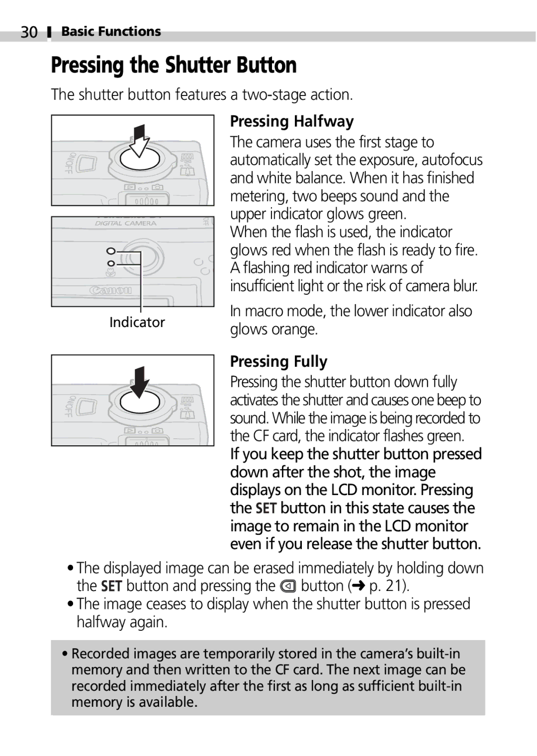 Canon S100 manual Pressing the Shutter Button, Shutter button features a two-stage action, Pressing Halfway, Pressing Fully 