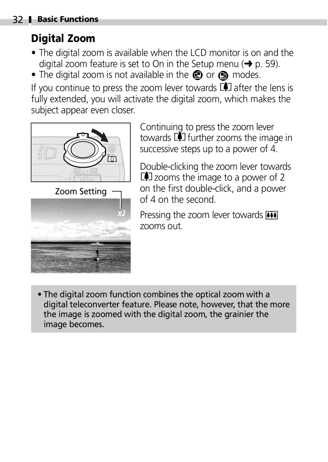 Canon S100 manual Digital Zoom, Zoom Setting 