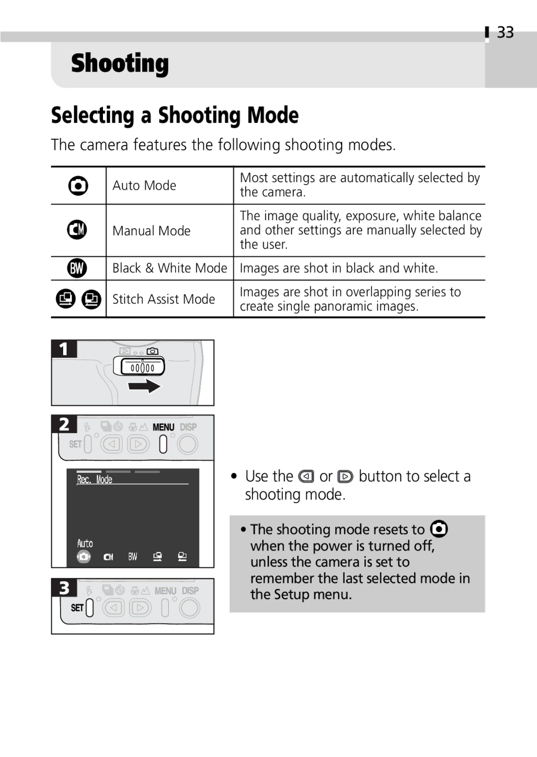 Canon S100 manual Selecting a Shooting Mode, Camera features the following shooting modes 