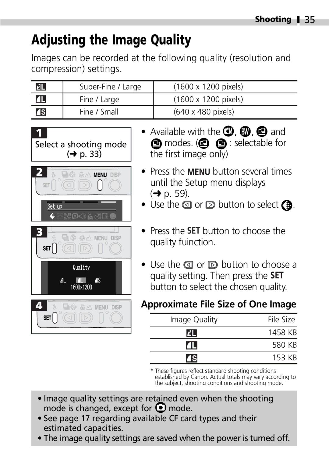 Canon S100 manual Adjusting the Image Quality, Approximate File Size of One Image 