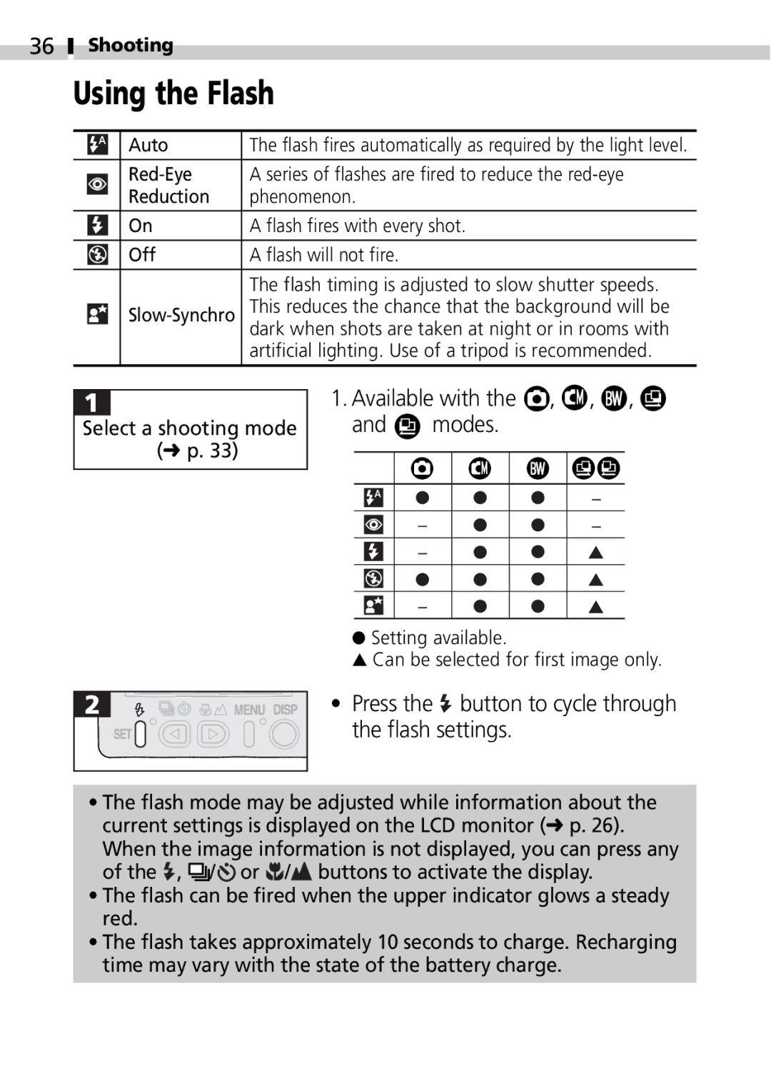 Canon S100 manual Using the Flash, Available with the , , , and modes, Press the button to cycle through the flash settings 