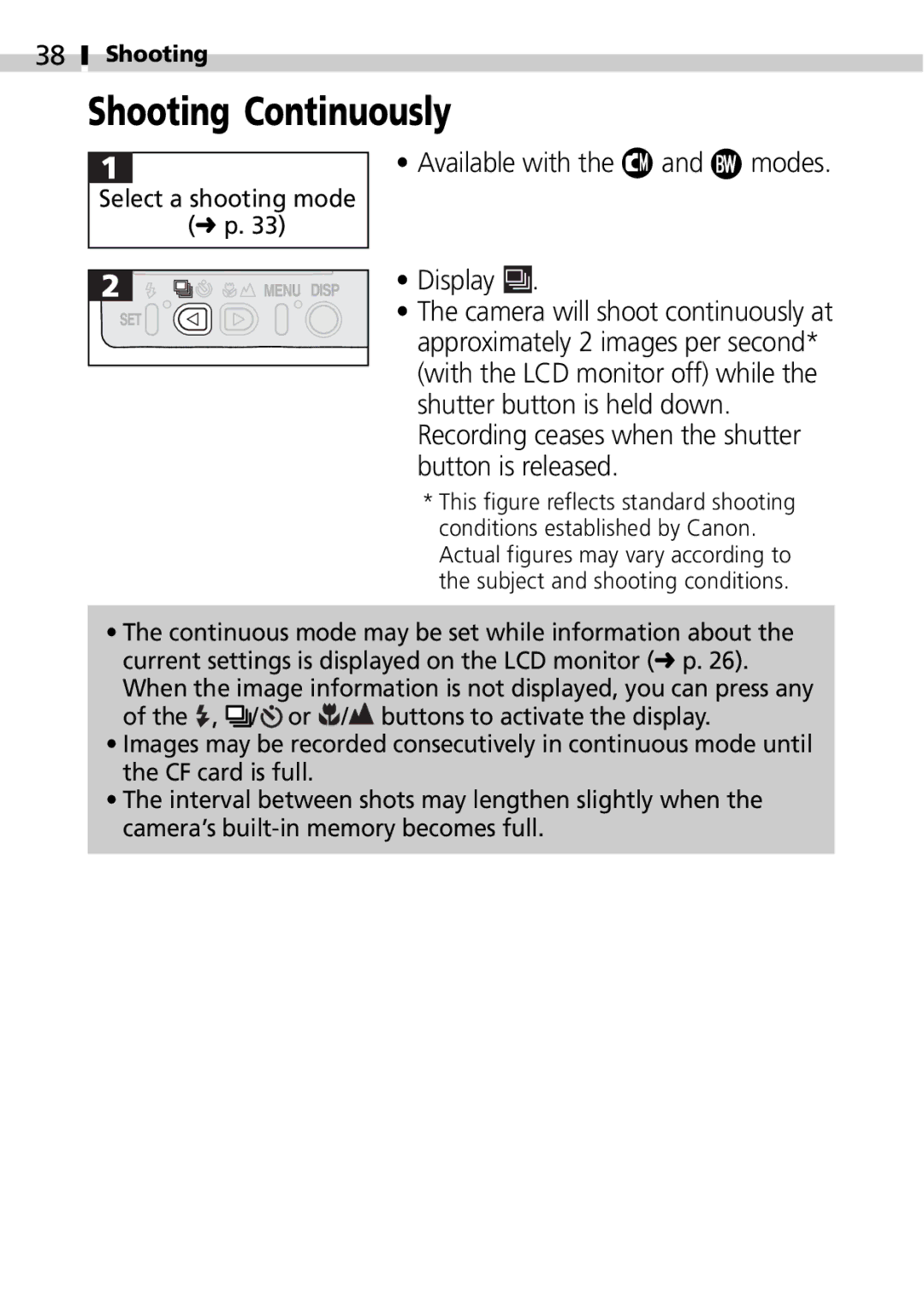 Canon S100 manual Shooting Continuously, Available with the and modes Display 