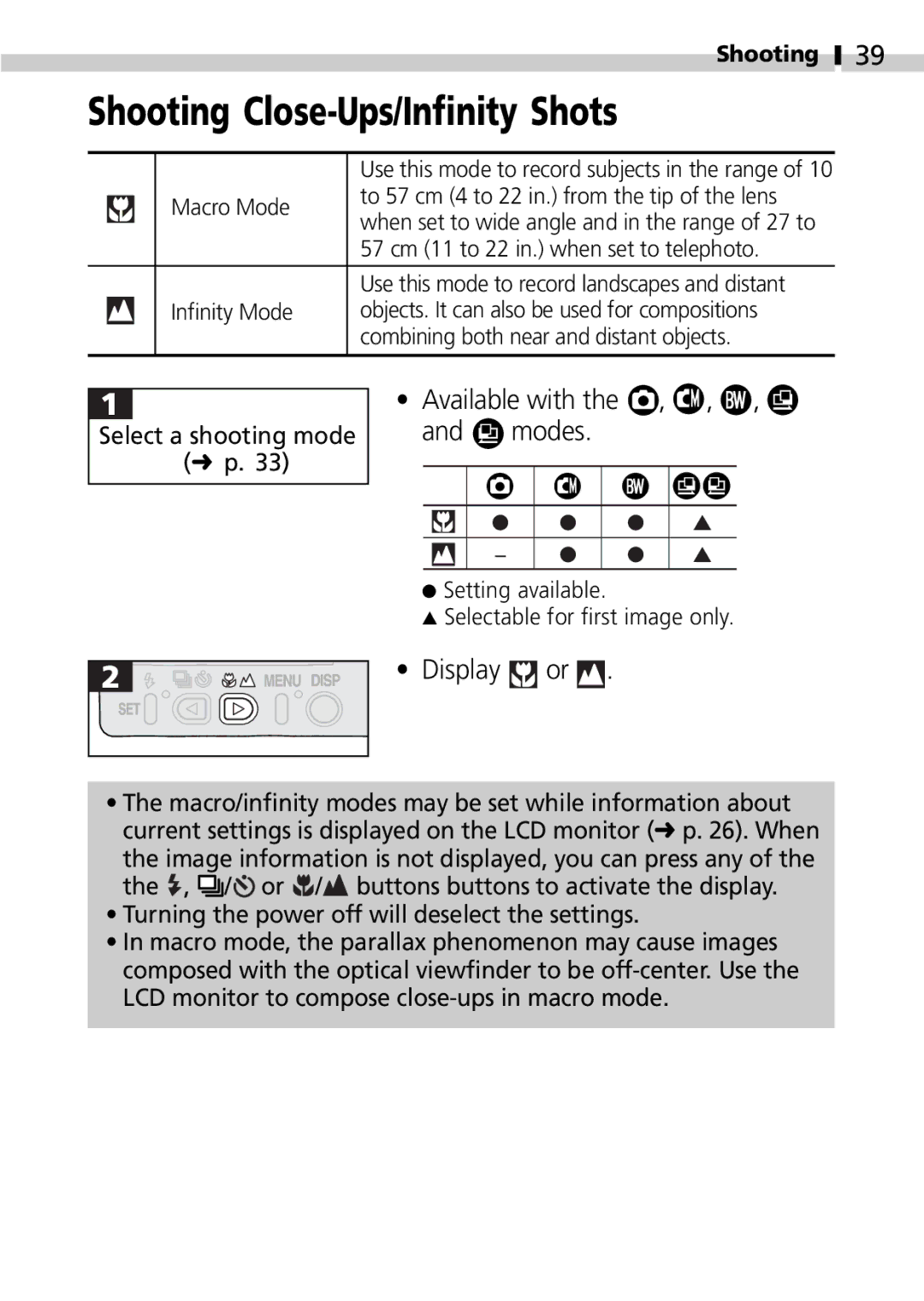 Canon S100 manual Shooting Close-Ups/Infinity Shots, Display or 