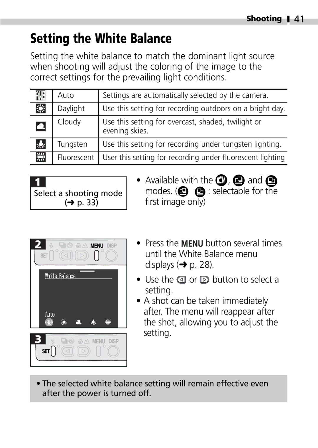 Canon S100 manual Setting the White Balance, Available with, Modes 