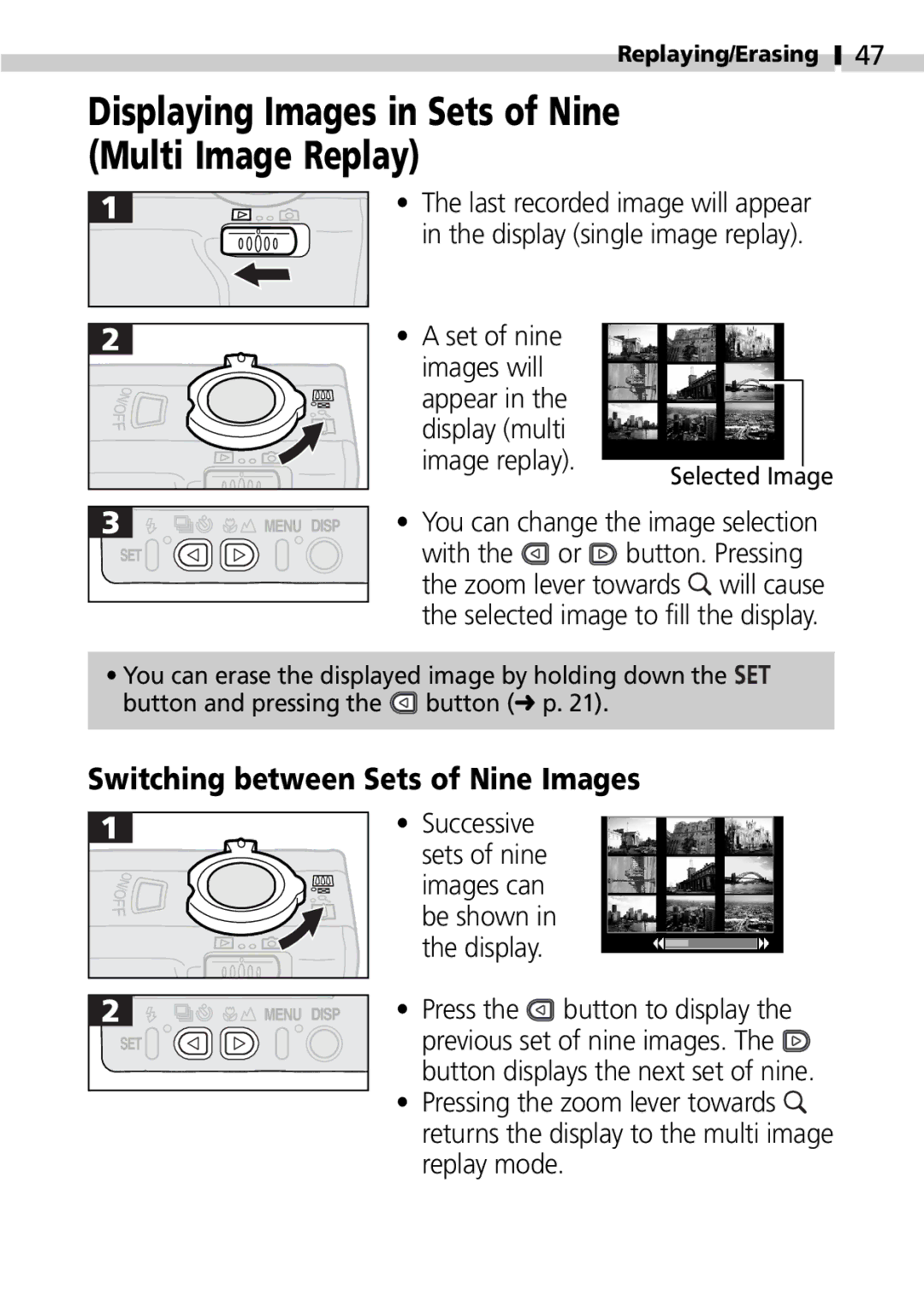 Canon S100 manual Displaying Images in Sets of Nine Multi Image Replay, Switching between Sets of Nine Images 