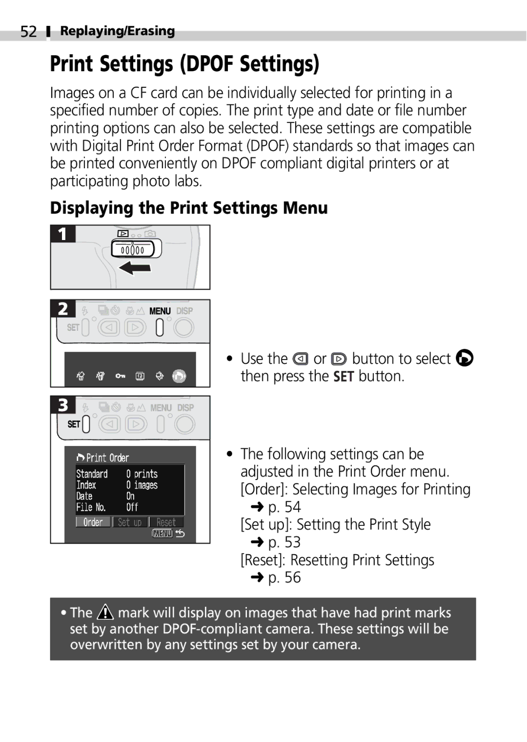 Canon S100 manual Print Settings Dpof Settings, Displaying the Print Settings Menu 