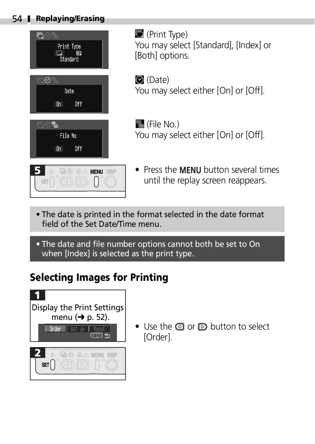 Canon S100 manual Selecting Images for Printing, Use the or button to select Order 