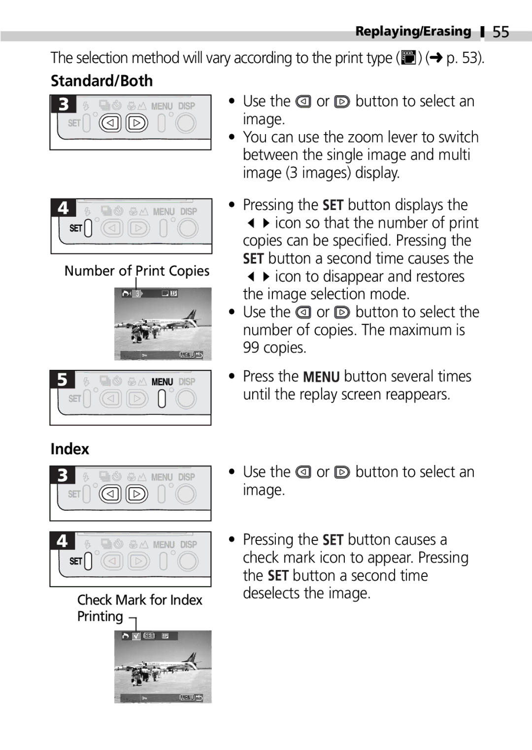 Canon S100 manual Standard/Both, Use the or button to select an image, Pressing, Image selection mode, Index 