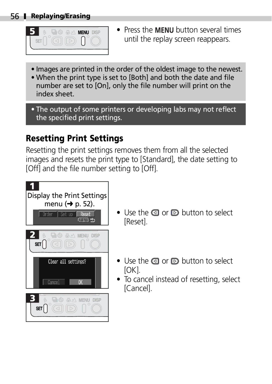 Canon S100 manual Resetting Print Settings 