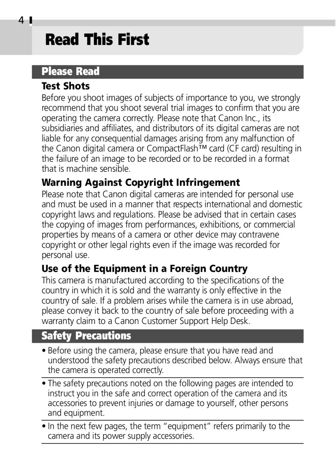 Canon S100 manual Read This First, Test Shots, Use of the Equipment in a Foreign Country 