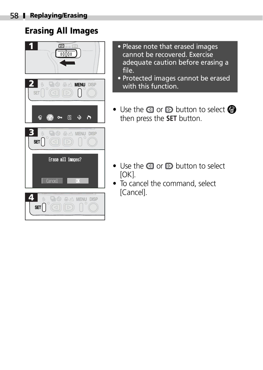 Canon S100 manual Erasing All Images 