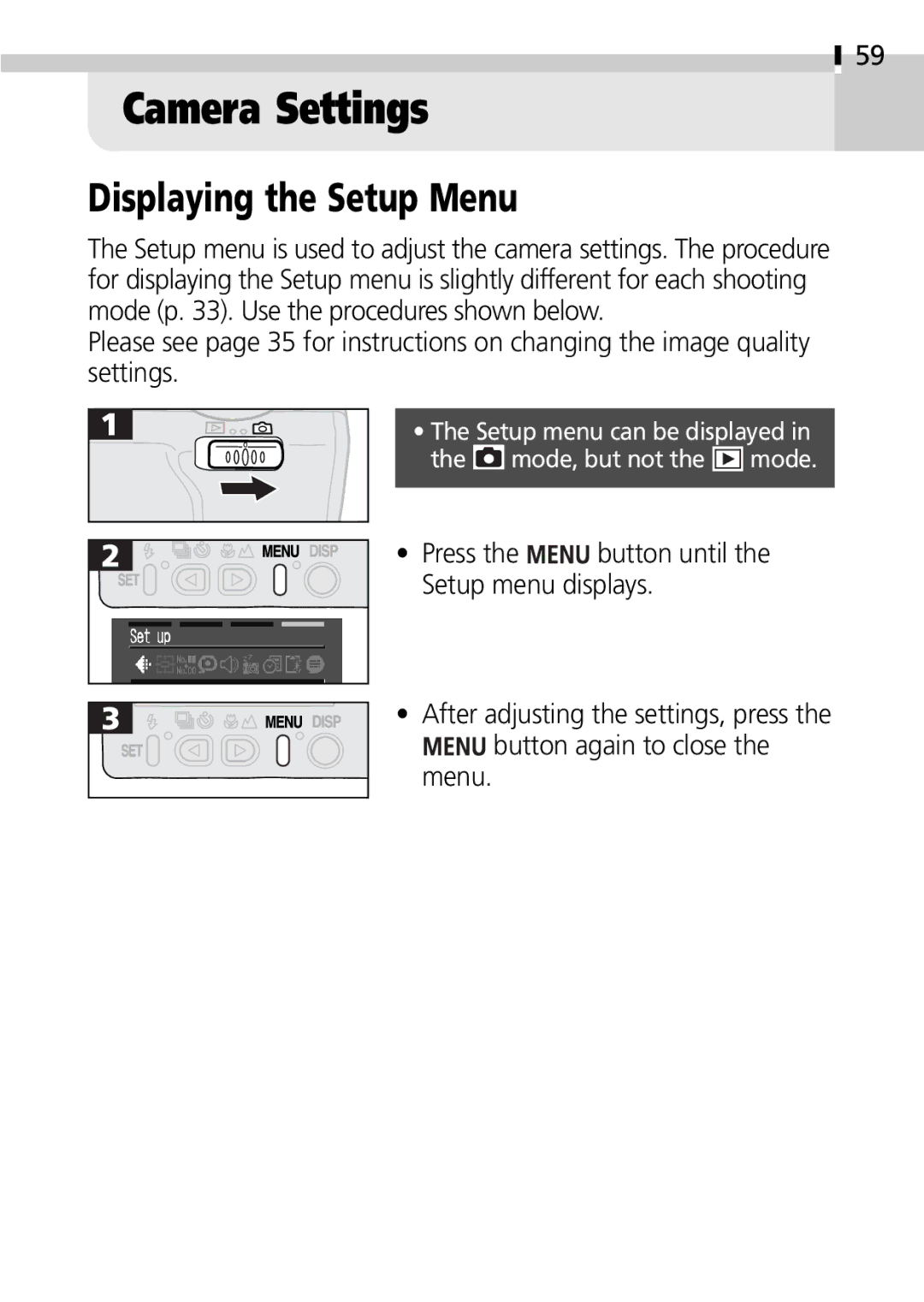 Canon S100 manual Camera Settings, Displaying the Setup Menu 