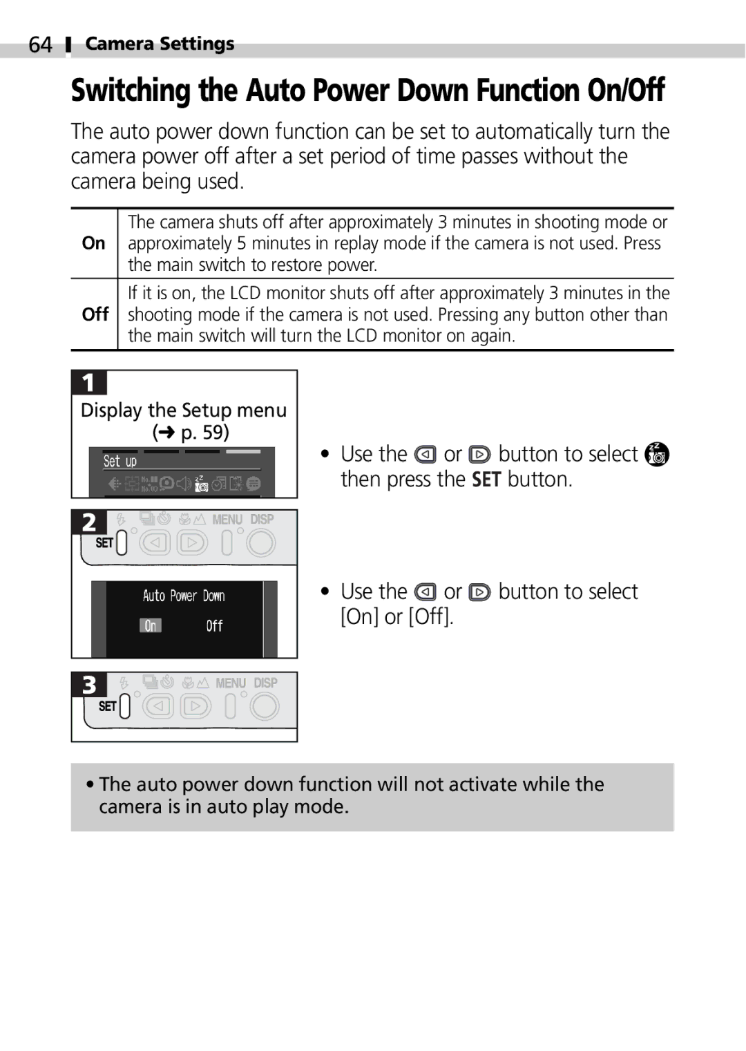 Canon S100 manual Switching the Auto Power Down Function On/Off 