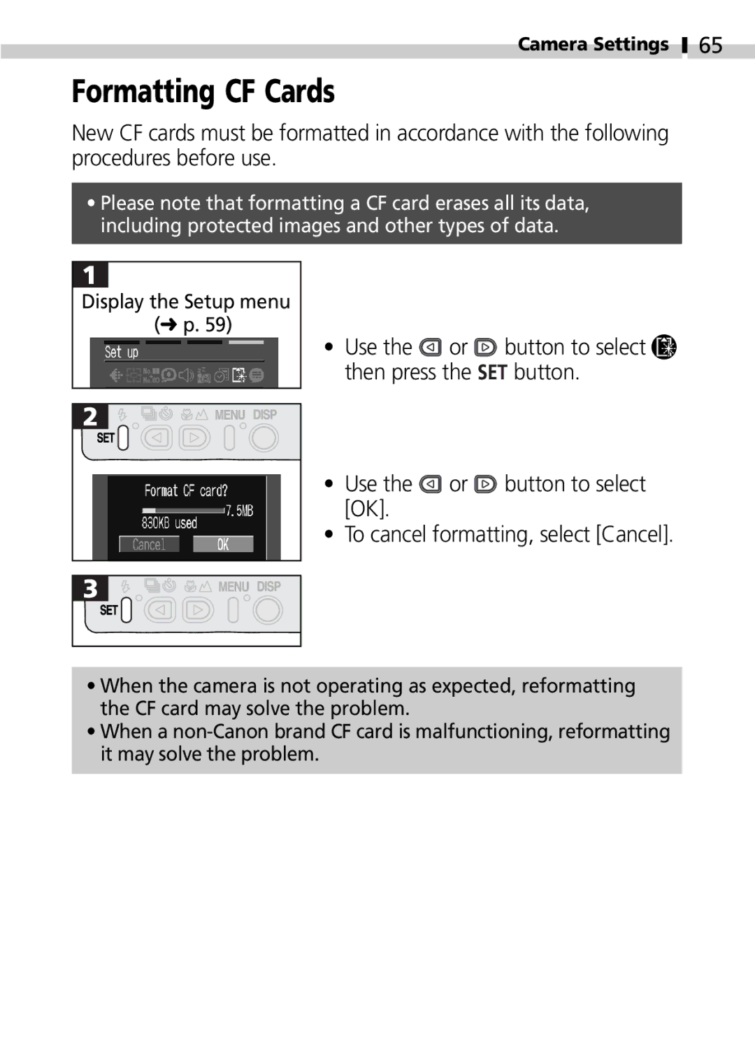 Canon S100 manual Formatting CF Cards 