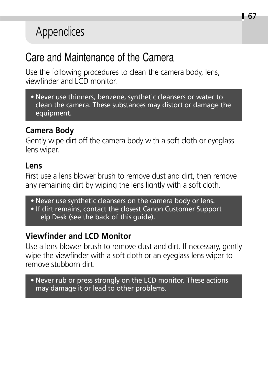 Canon S100 manual Appendices, Care and Maintenance of the Camera, Camera Body, Lens, Viewfinder and LCD Monitor 