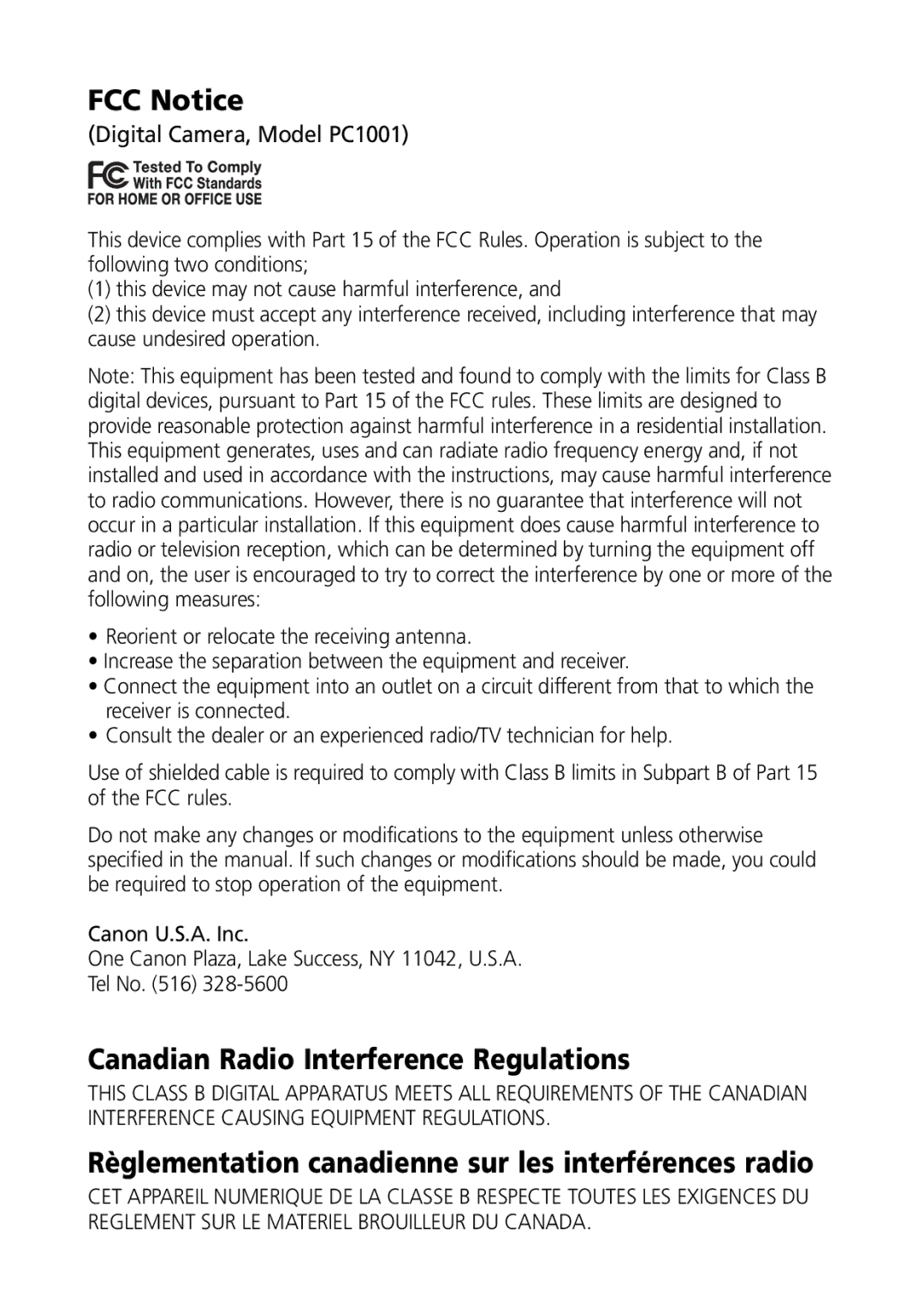 Canon S100 FCC Notice, Canadian Radio Interference Regulations, Règlementation canadienne sur les interférences radio 