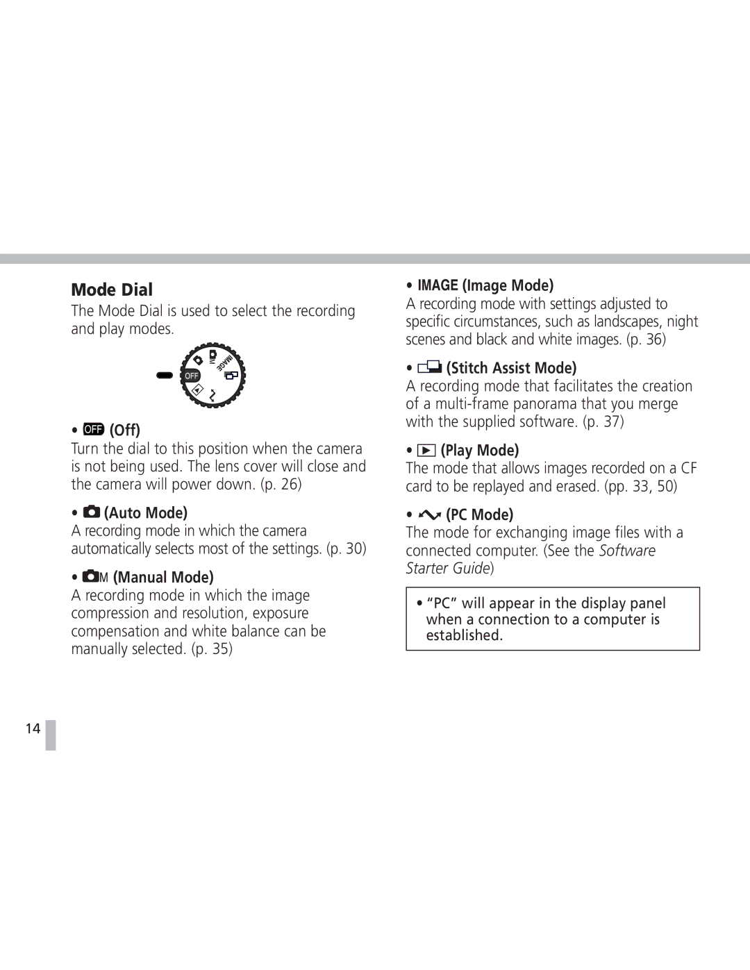 Canon S20 operating instructions Mode Dial 